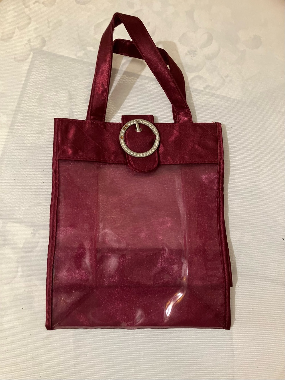 Women’s vintage hand/cosmetic Bag with Clear and Burgundy Satin Trim